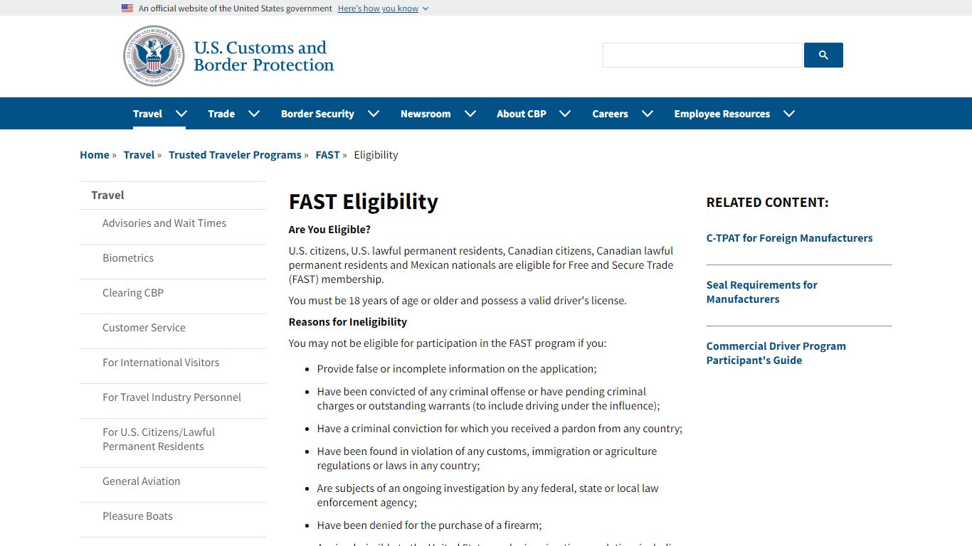 FAST Eligibility | U.S. Customs and Border Protection