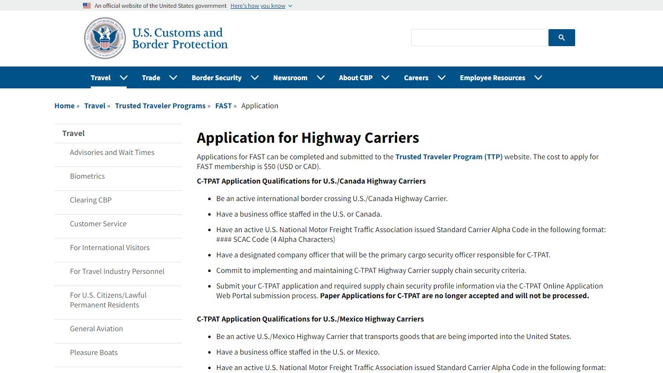 Application for Highway Carriers - U.S. Customs and Border Protection